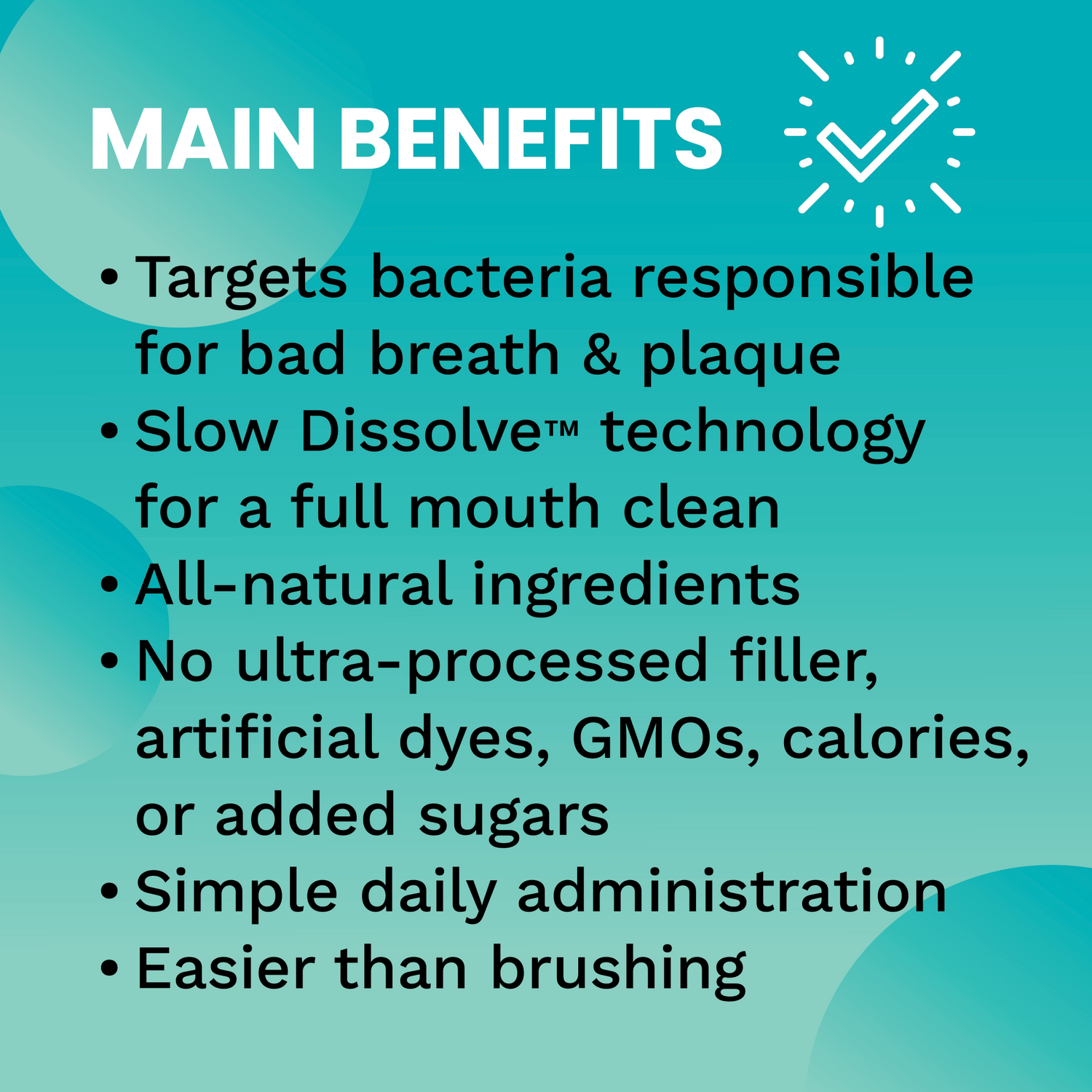 List of main benefits on a teal background with text and icons.