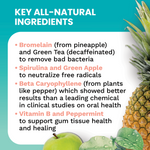 List of key all-natural ingredients with a pineapple and green apple on a teal background