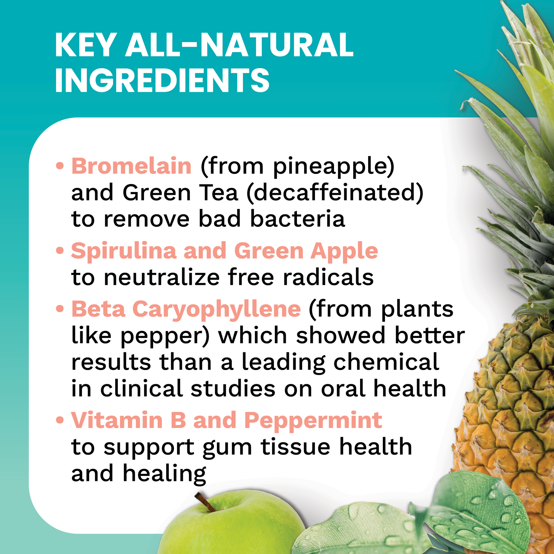 List of key all-natural ingredients with a pineapple and green apple on a teal background