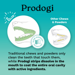 Diagram showing Prodogi strips dissolve to coat the whole mouth, while chews and powders only reach the teeth that touch them