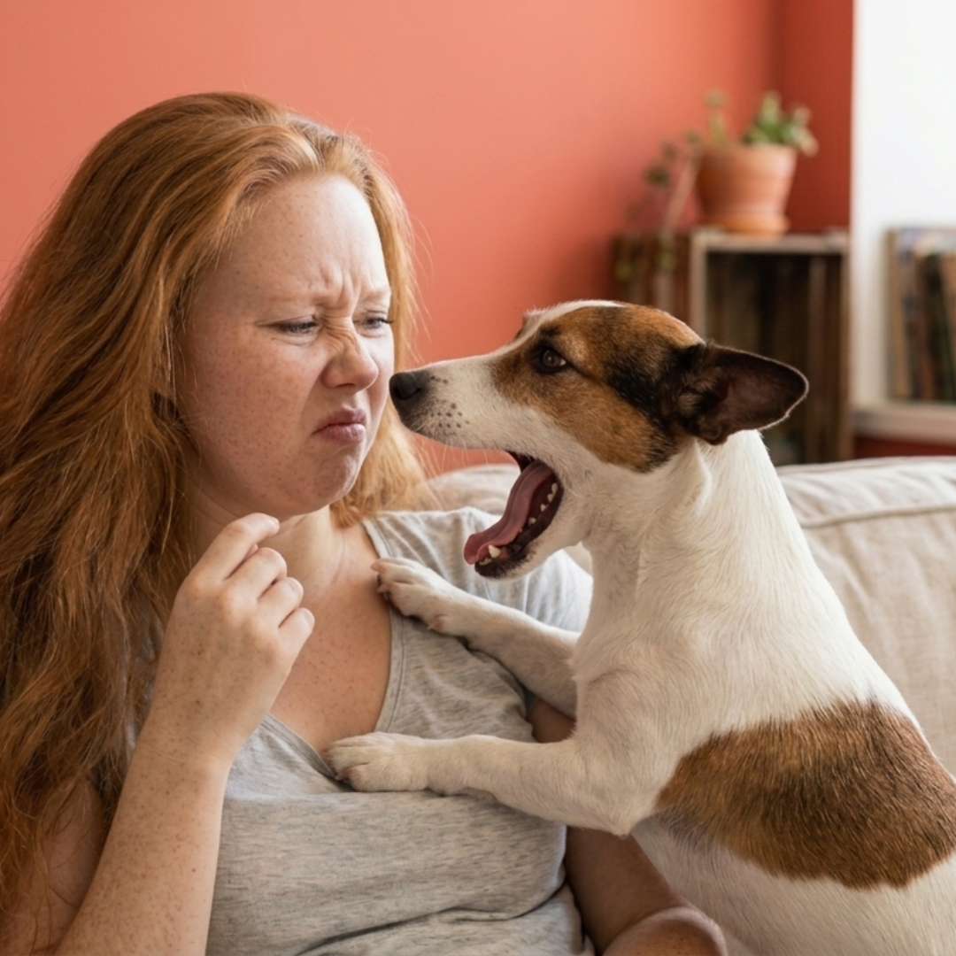 Woman turning away from her dog's bad breath — why odor keeps coming back