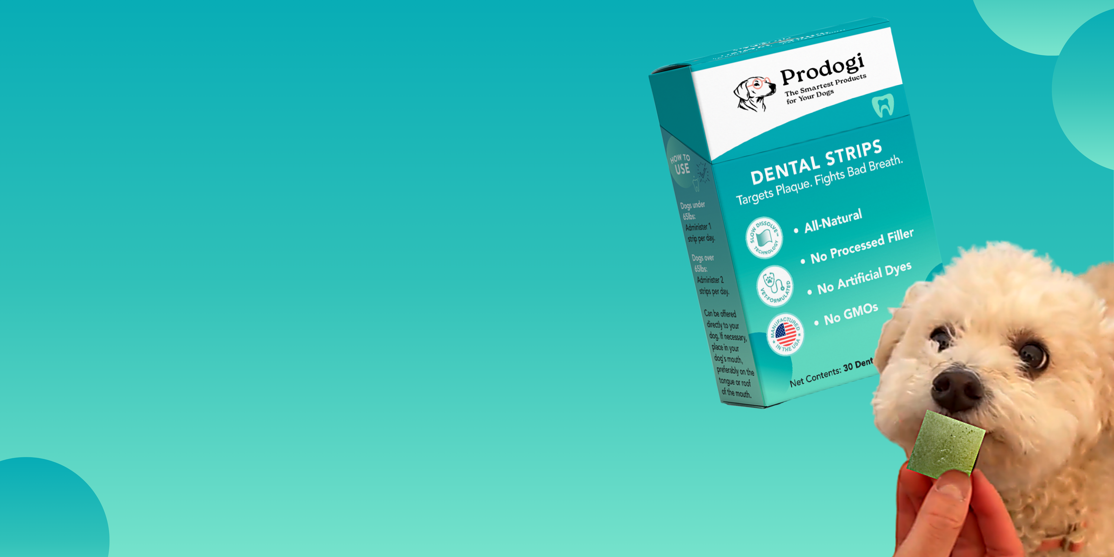 Dog taking a Prodogi dental strip, with the product box — whole-mouth care for fresher breath