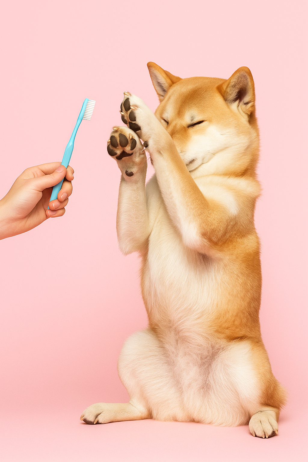 Dog with a paw raised, receiving a toothbrush from a hand on a pink background